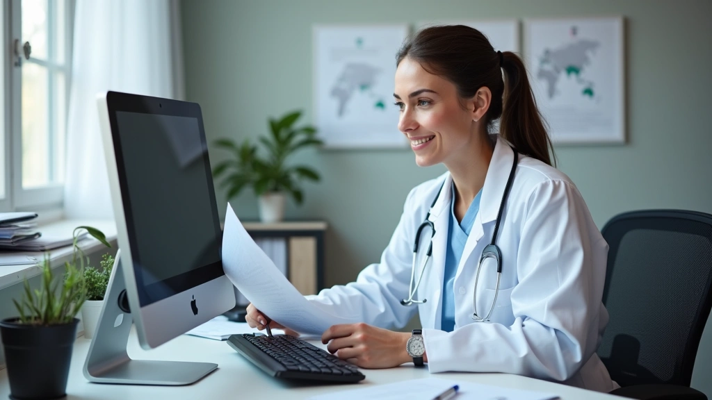 Healthcare provider in white coat reviewing patient notes at computer desk, professional medical office setting, helping coor