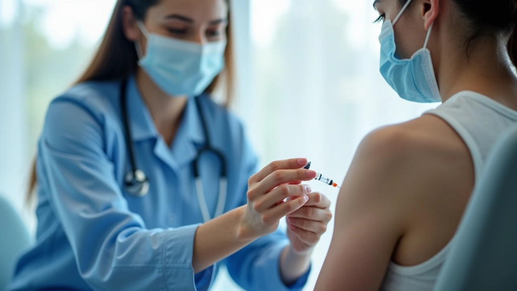 Healthcare professional administering vaccine to patient in clinical setting, professional medical environment, focus on patient care interaction