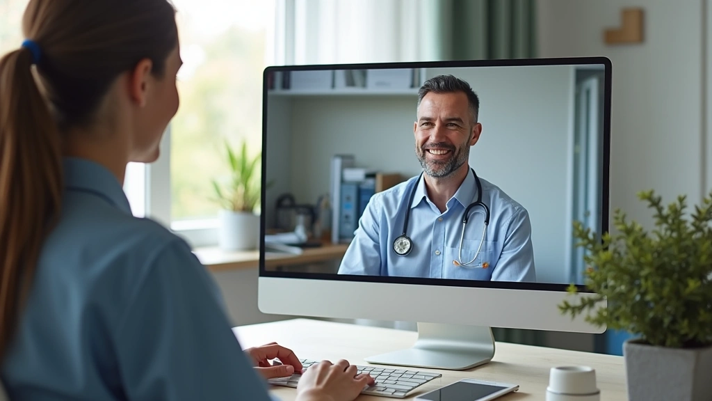 Telehealth consultation showing patient on video call with healthcare provider on computer screen, home healthcare setting, m