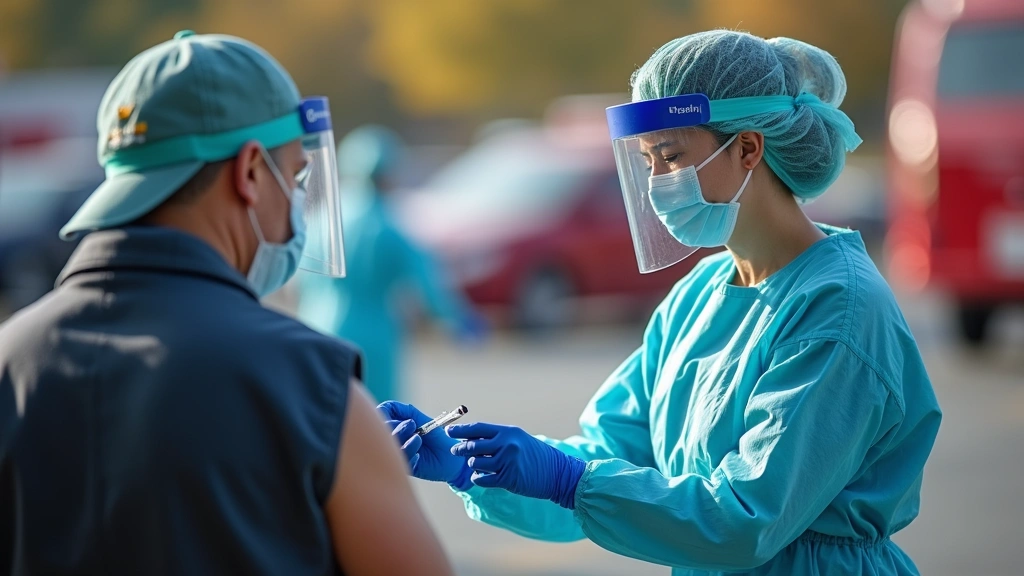 Public health emergency response scene with health department staff coordinating vaccination clinic setup, multiple stations,