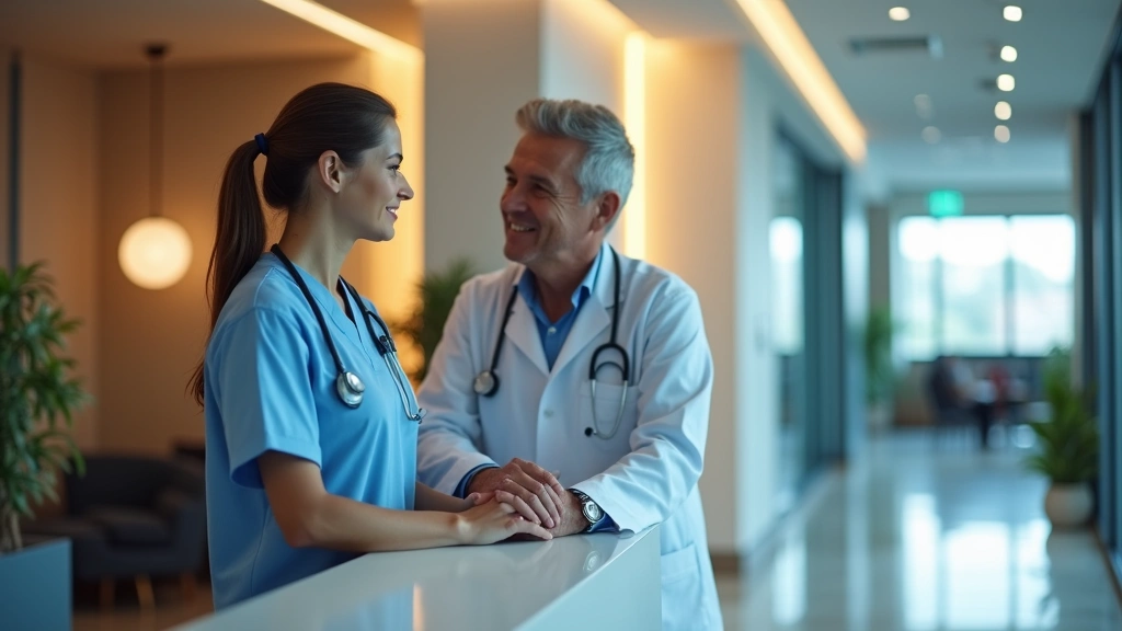 Professional medical receptionist at modern hospital front desk with patient checking in, warm lighting, contemporary healthcare facility interior