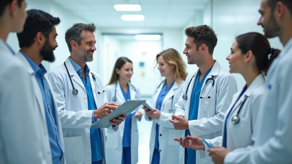 Diverse group of healthcare professionals in white coats and scrubs collaborating in bright clinical setting, modern hospital