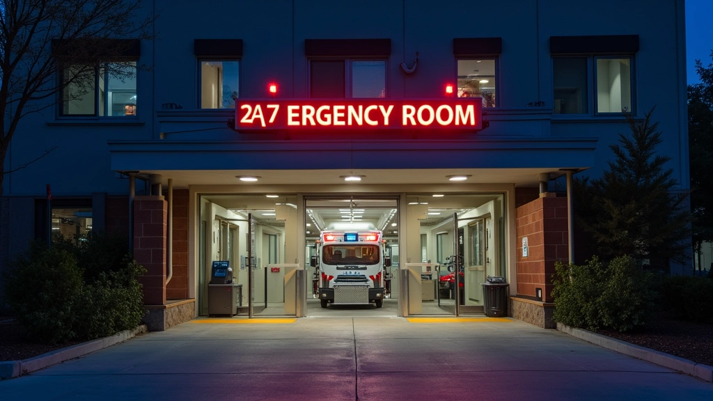24/7 emergency room entrance at night with illuminated signage, ambulance bay visible, professional medical facility exterior