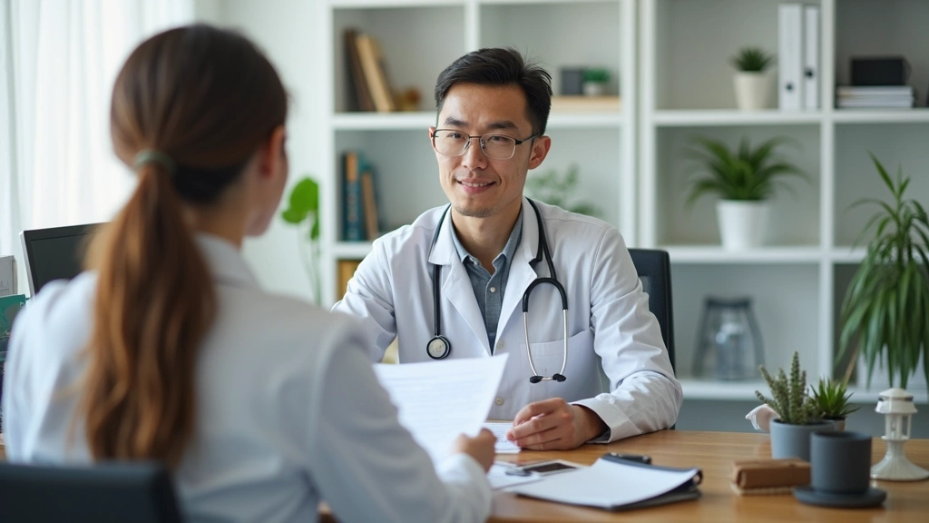 Mental health professional reviewing patient intake forms at desk in behavioral health clinic, organized medical office envir