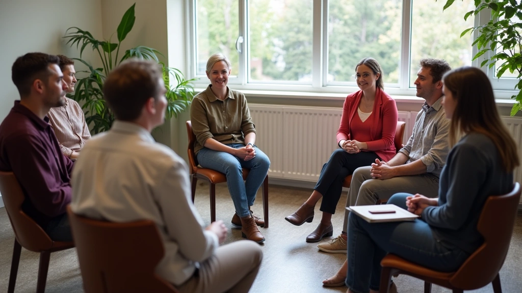 Group therapy session in behavioral health facility, diverse patients sitting in circle, supportive atmosphere, professional 