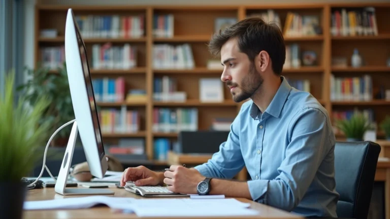 Academic researcher reviewing health communication research papers at desk with computer and journals in university library setting