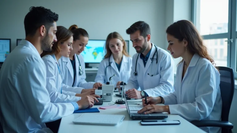 Diverse group of medical researchers and healthcare professionals collaborating in a modern clinical research laboratory setting with computers and data analysis equipment