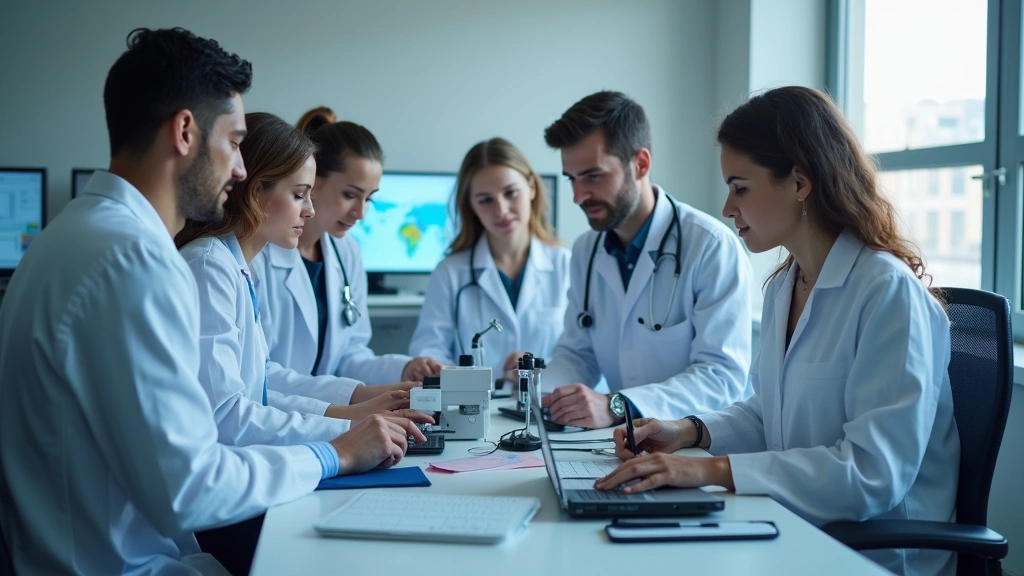 Diverse group of medical researchers and healthcare professionals collaborating in a modern clinical research laboratory setting with computers and data analysis equipment