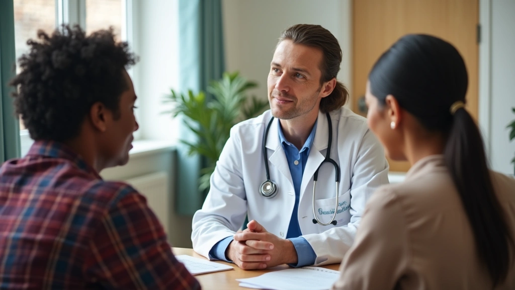 Healthcare provider conducting patient consultation in a community health center with diverse patient population, emphasizing