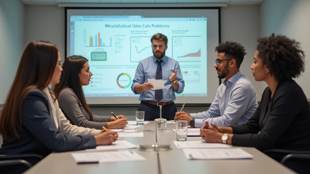 Multidisciplinary team of public health professionals reviewing research data and health equity metrics in a professional con