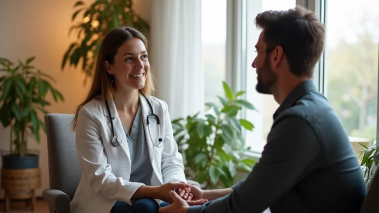 Professional female therapist in clinical setting conducting individual therapy session with male patient, warm lighting, therapeutic environment with comfortable seating and plants, both engaged in conversation