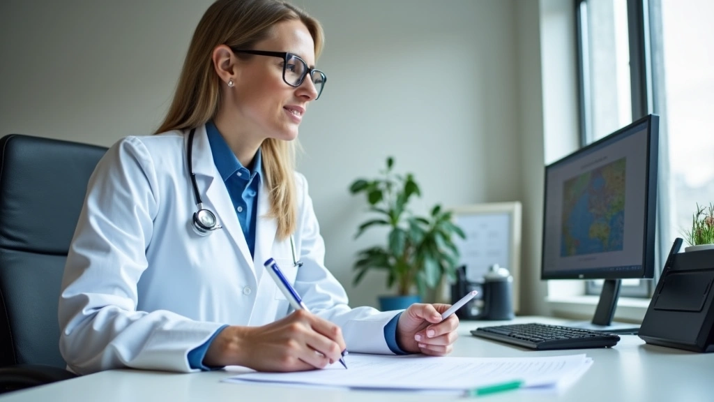 Licensed psychiatrist at desk reviewing patient medical records and psychiatric evaluation documents, clinical office with me