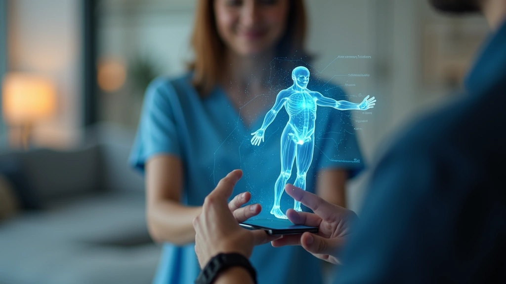 Person using smartphone with exercise form guidance overlay in modern home setting, real-time movement analysis visualization on screen, professional medical technology aesthetic