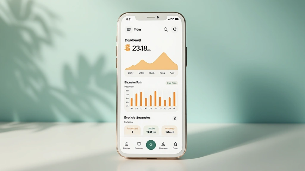 Patient tracking pain levels on mobile app dashboard with progress charts and exercise completion metrics, clean healthcare i