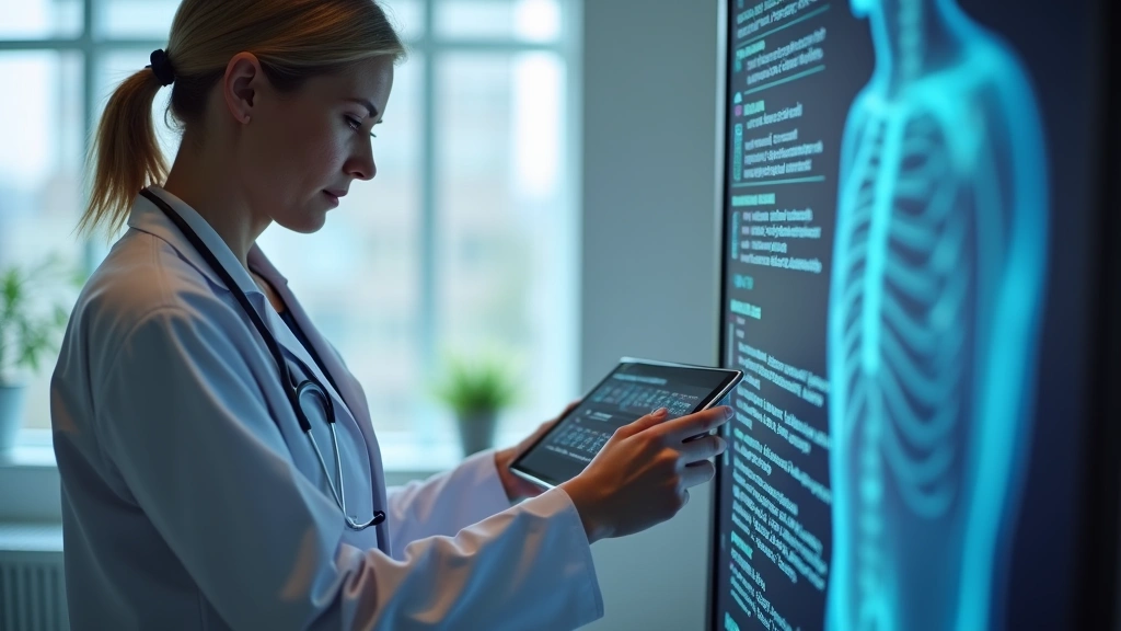 Healthcare provider reviewing digital therapeutic patient data on tablet with AI-generated treatment recommendations, clinica