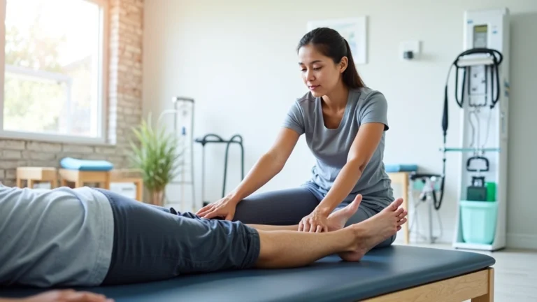 Professional physical therapist assisting patient with leg exercises on therapy mat in bright clinical rehabilitation center with exercise equipment visible