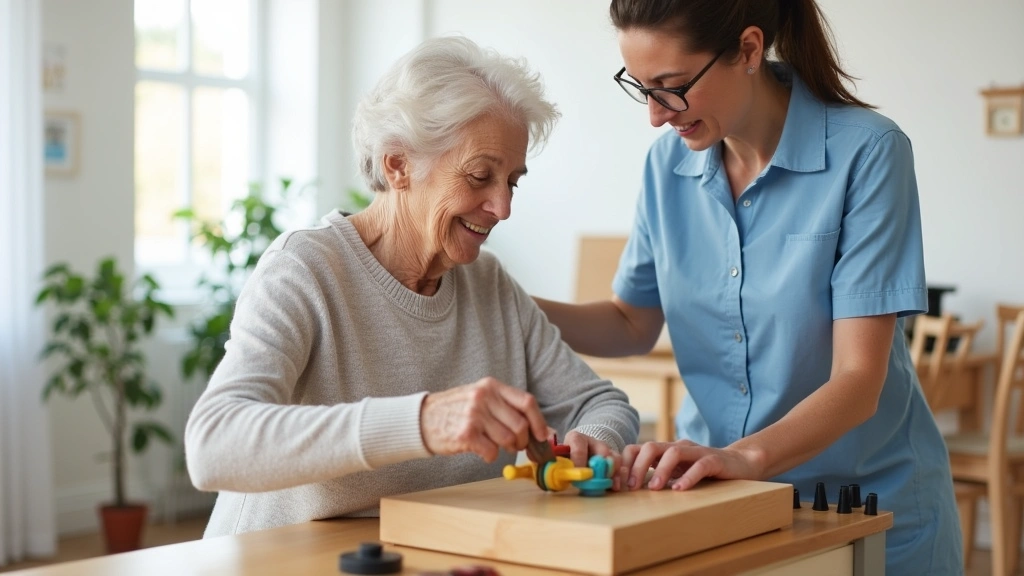 Licensed occupational therapist working with elderly patient on adaptive daily living skills at wooden therapy table with ada