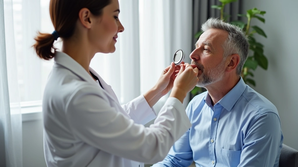 Speech-language pathologist conducting swallowing assessment with adult patient using laryngeal mirror in modern medical offi
