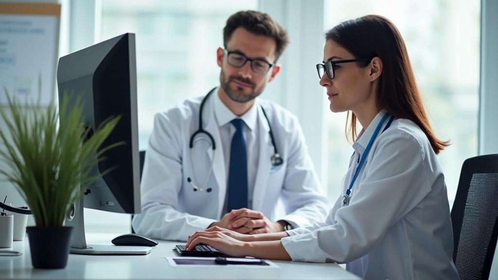 Professional occupational health assessment in modern medical clinic, physician evaluating worker ergonomics at desk workstation