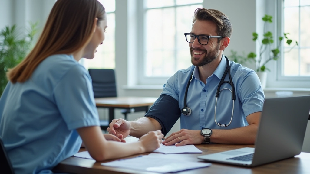 On-site workplace health screening event, medical professional taking blood pressure of employee in professional office setti