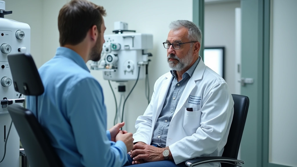 Occupational medicine specialist examining worker for workplace injury, clinical examination room with medical equipment