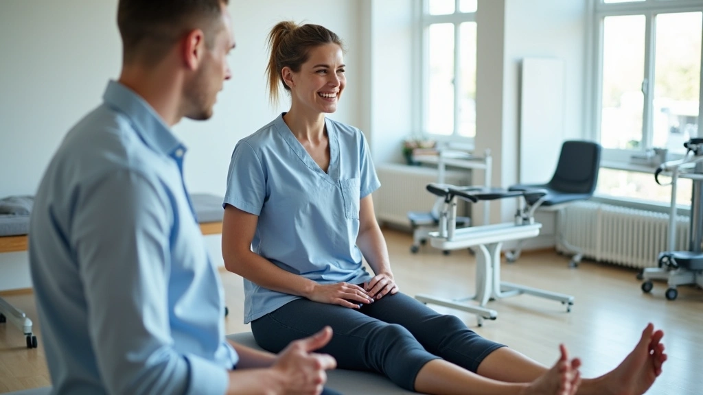 Professional physical therapist working with patient on rehabilitation exercises in modern medical clinic setting with equipment