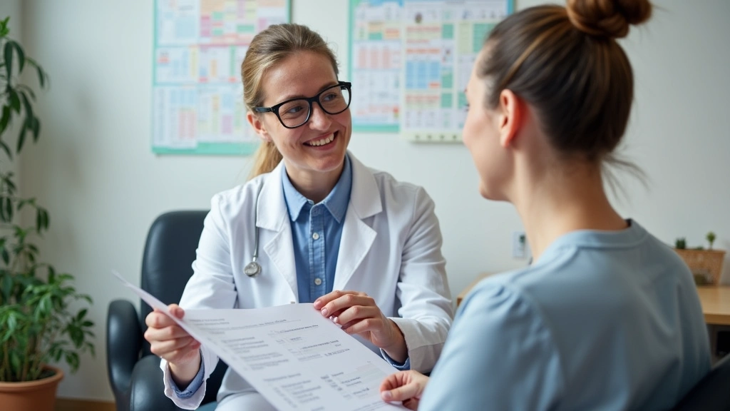 Registered dietitian reviewing nutrition plan with patient in clinical consultation room with health charts visible