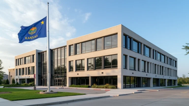 Professional government office building exterior in Topeka Kansas with modern architecture and Kansas state flag, daytime photography