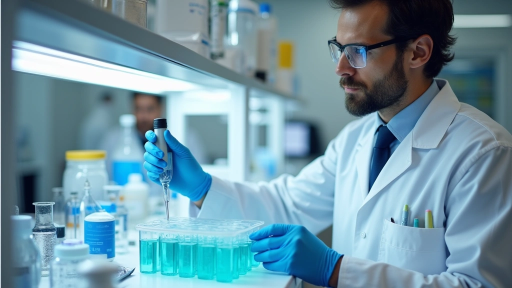 Healthcare worker in white coat reviewing environmental water quality test results in laboratory setting with scientific equi