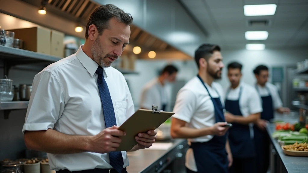 Public health official conducting food service facility inspection with clipboard and safety equipment in professional kitche