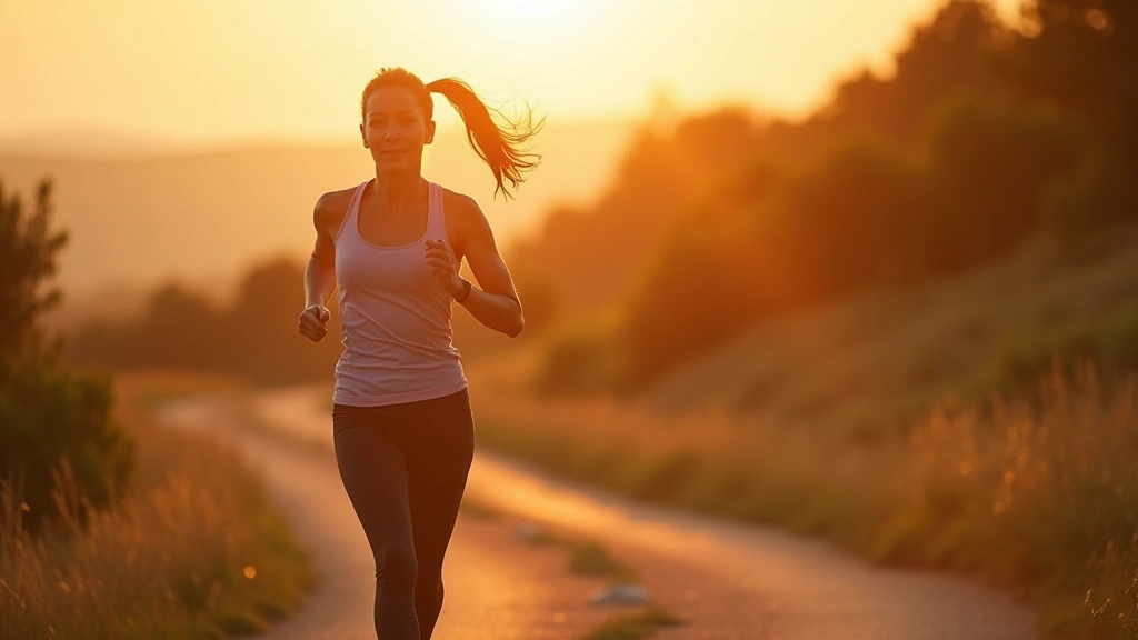 Woman jogging outdoors on scenic path during golden hour, athletic wear, determined expression, natural landscape background,