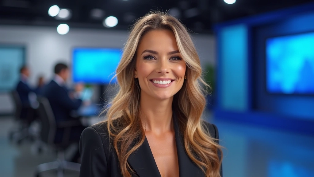 Female television host in professional studio setting, energetic and confident posture, modern broadcast environment, profess