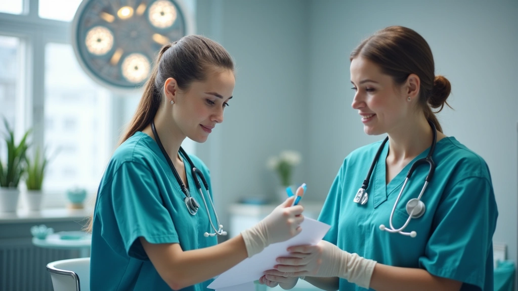 Professional healthcare student in clinical uniform practicing patient care skills in modern medical training facility with instructor supervision