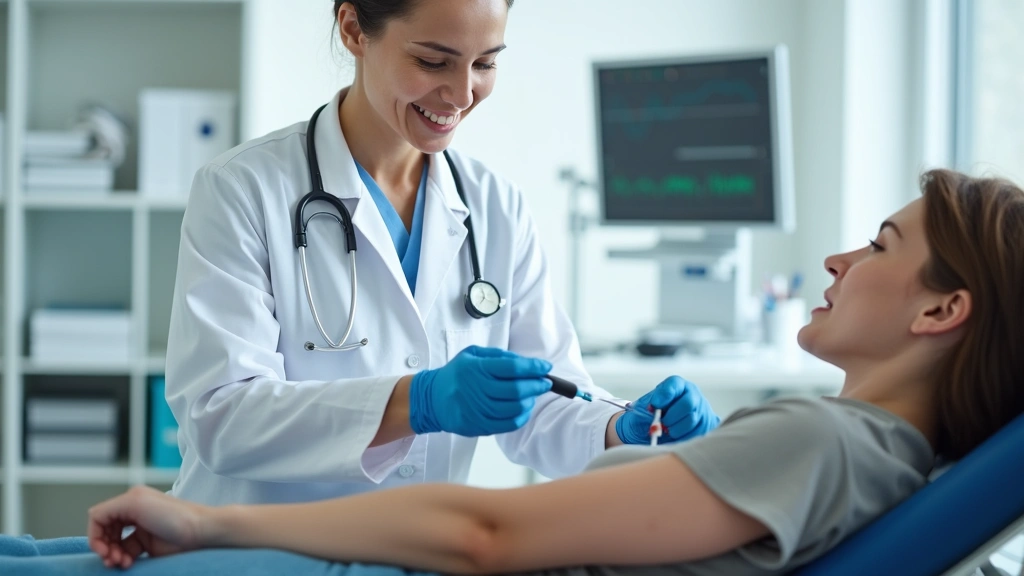 Medical assistant performing phlebotomy procedure on patient in bright, modern clinic setting with proper safety equipment an