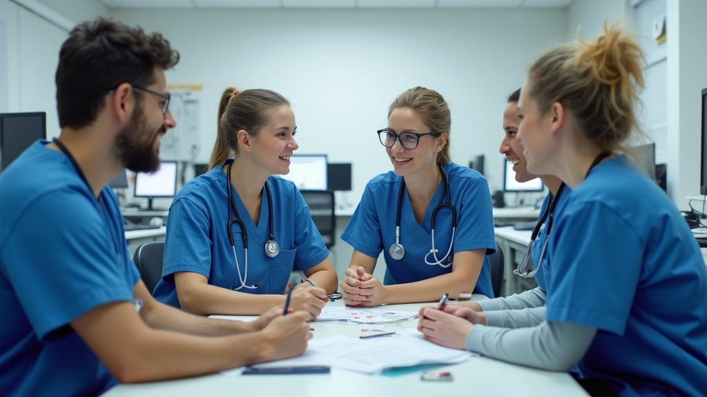 Diverse group of healthcare students in scrubs studying with instructor in well-equipped laboratory with medical simulation e