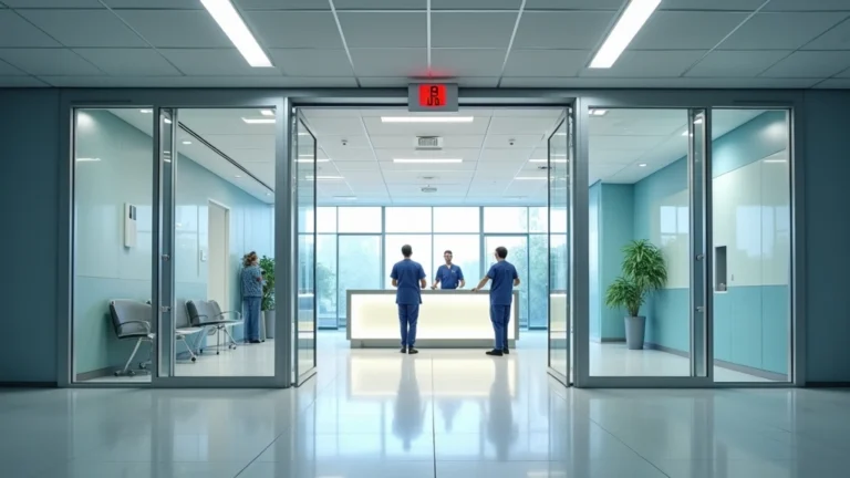 Modern hospital emergency department entrance with glass doors and professional medical staff at reception desk, bright clinical lighting, clean modern architecture