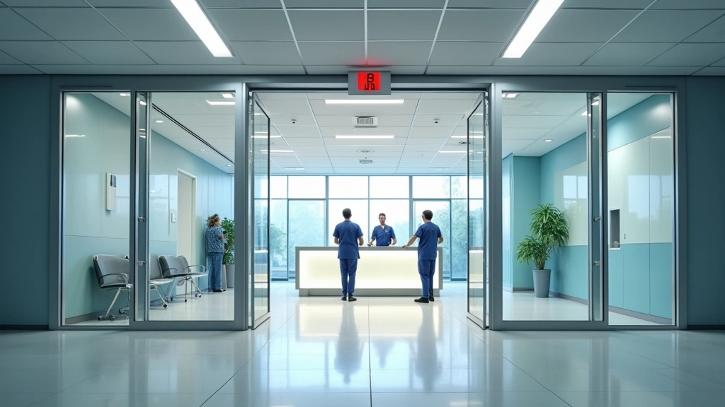 Modern hospital emergency department entrance with glass doors and professional medical staff at reception desk, bright clinical lighting, clean modern architecture