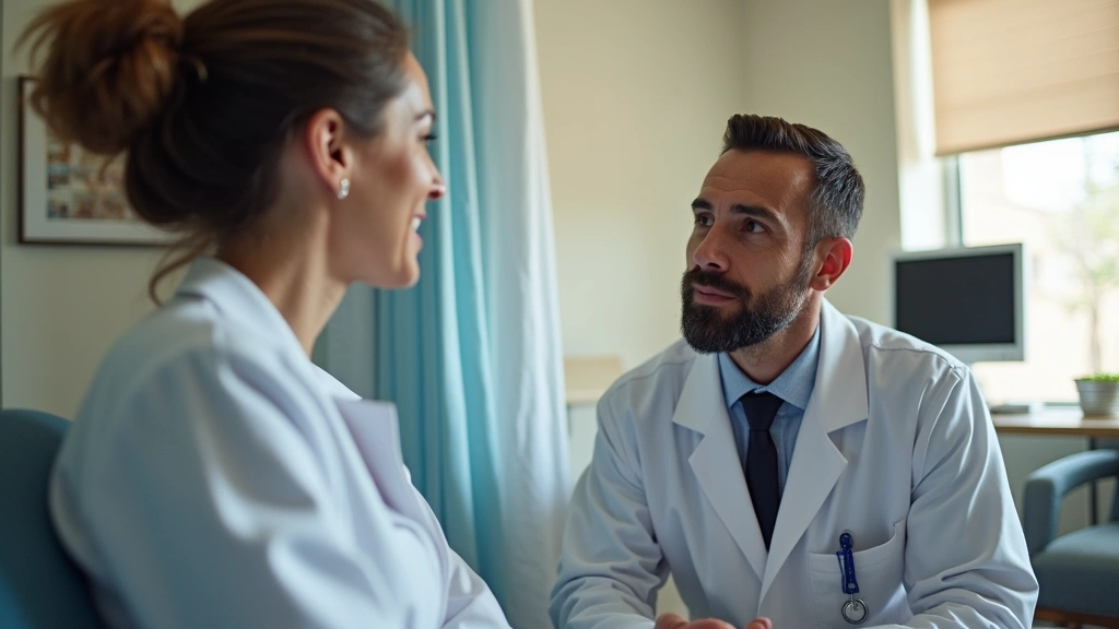 Healthcare provider in white coat consulting with patient in comfortable hospital room, warm lighting, medical monitor in bac
