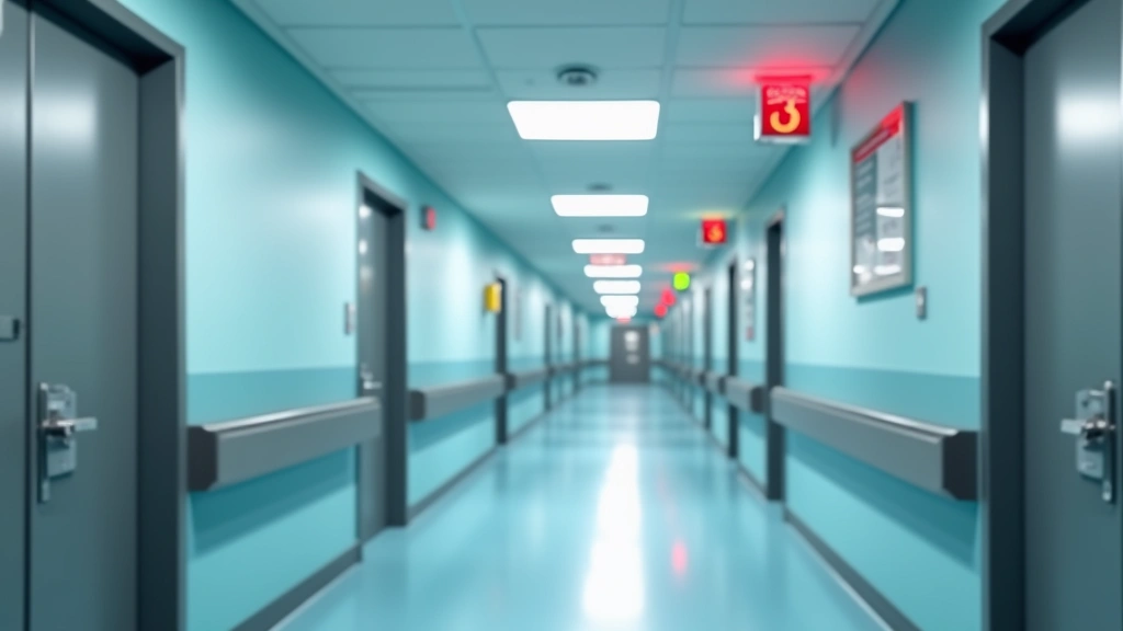 Hospital hallway with directional signage, modern medical facility interior, clean corridors with soft lighting, professional