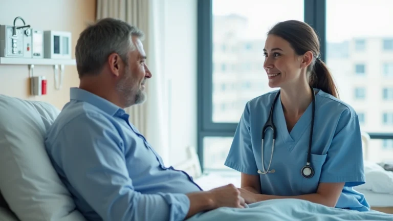 Professional nurse at bedside in modern hospital room with patient, wearing scrubs and stethoscope, compassionate healthcare interaction