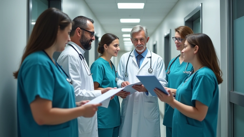 Diverse healthcare team in hospital hallway reviewing medical charts together, collaborative clinical environment with modern