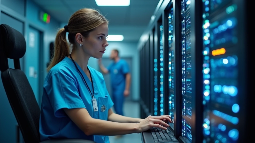 IT specialist working at computer terminal in healthcare facility server room, technology supporting patient care operations