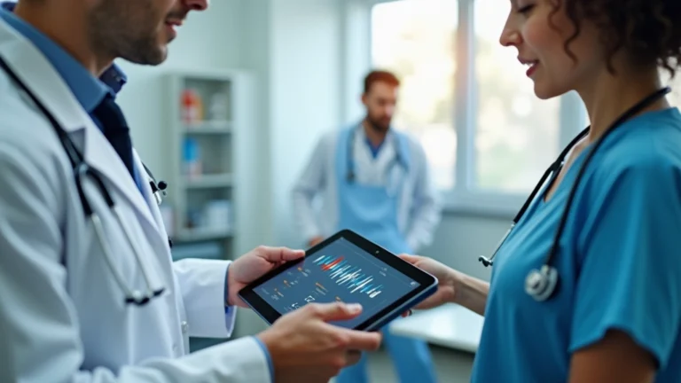 Professional healthcare setting showing patient using tablet to access digital health portal, modern clinic environment, bright lighting, focus on screen interaction