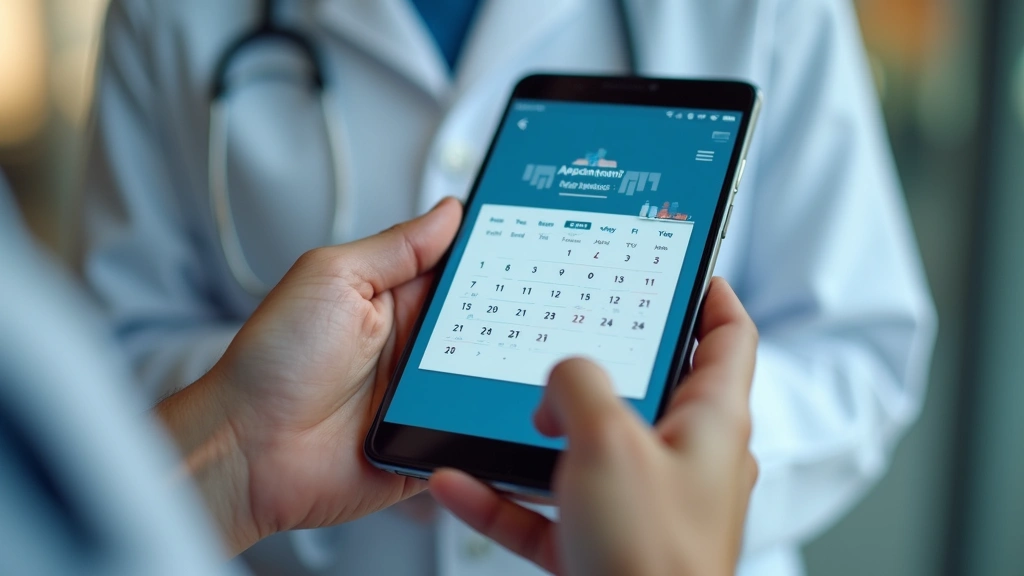 Close-up of hands holding smartphone displaying medical appointment calendar interface, clean modern design, healthcare techn