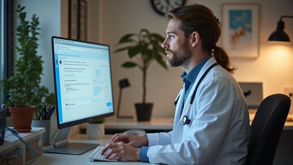 Doctor at computer desk reviewing patient messages on secure messaging platform, professional medical office, warm lighting, 