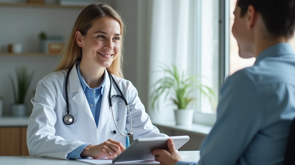 Professional female doctor conducting virtual telehealth consultation on tablet with patient smiling in modern clinic office