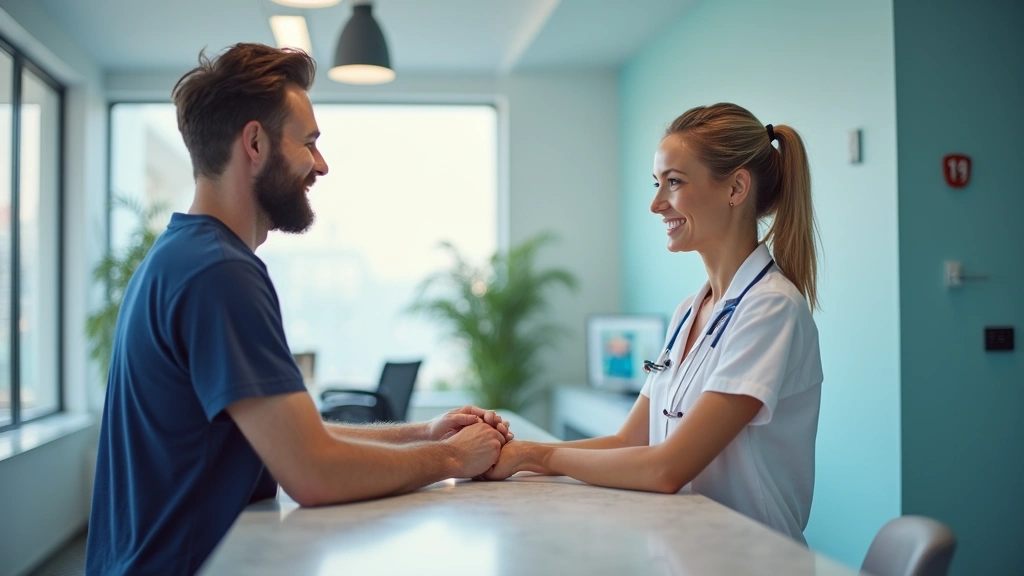 Young male patient checking in at healthcare clinic reception desk with friendly female receptionist in bright, contemporary 