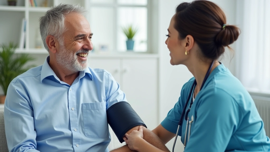 Middle-aged man receiving preventive health screening blood pressure check from nurse in clean, modern urgent care clinic set