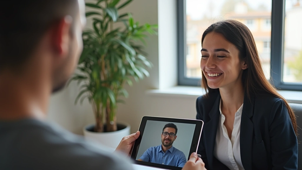 Professional therapist conducting virtual telehealth session with patient on tablet in modern clinical office setting, warm lighting, compassionate interaction