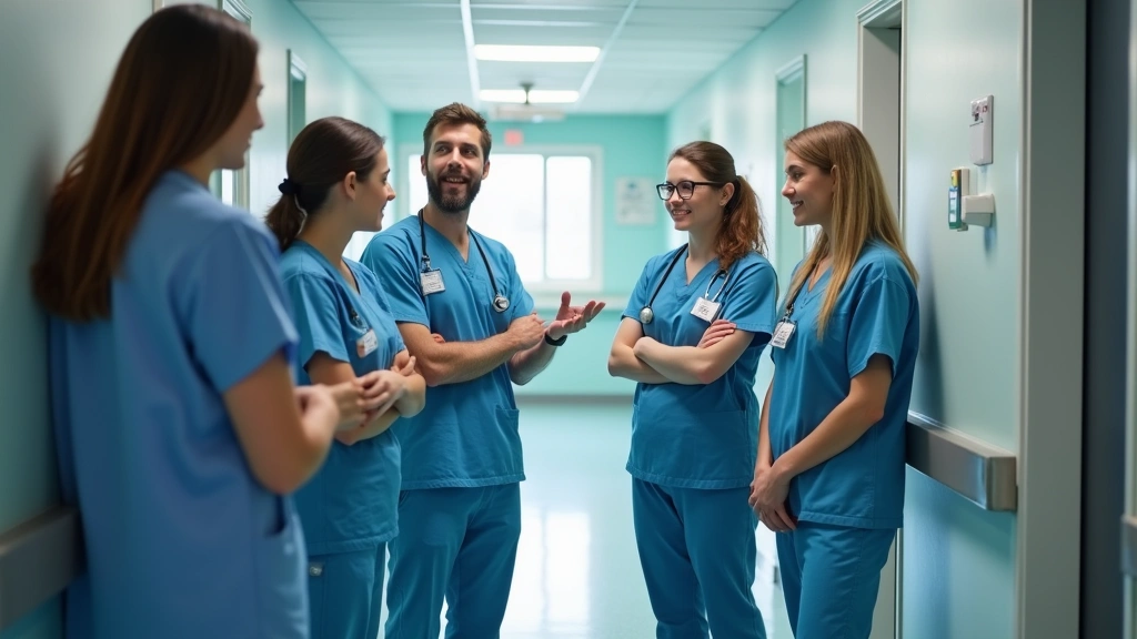 Diverse group of mental health professionals in hospital corridor discussing patient care, collaborative team environment, mo